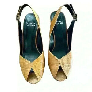 Stuart Weitzman Croc Embossed Leather Platform Slingback Peep Toe Pump. Sz 6.5